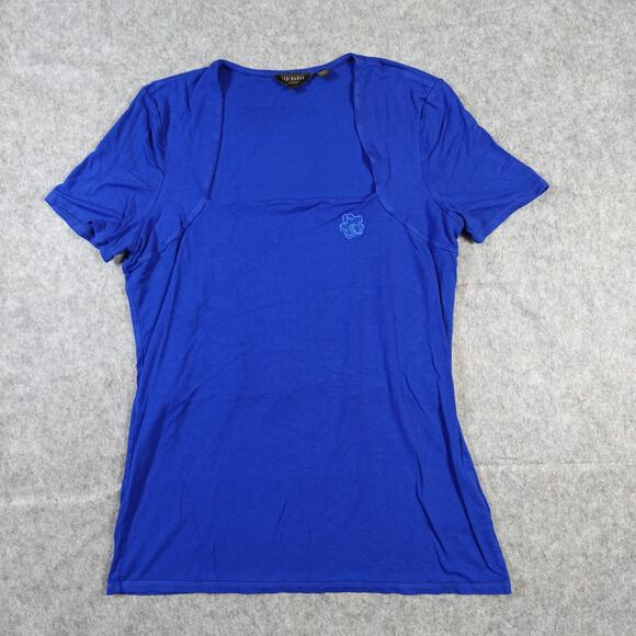 Ted Baker Top Womens 4 US 10 Top Blue Square Neck Short Sleeve Casual Knit - Picture 1 of 9